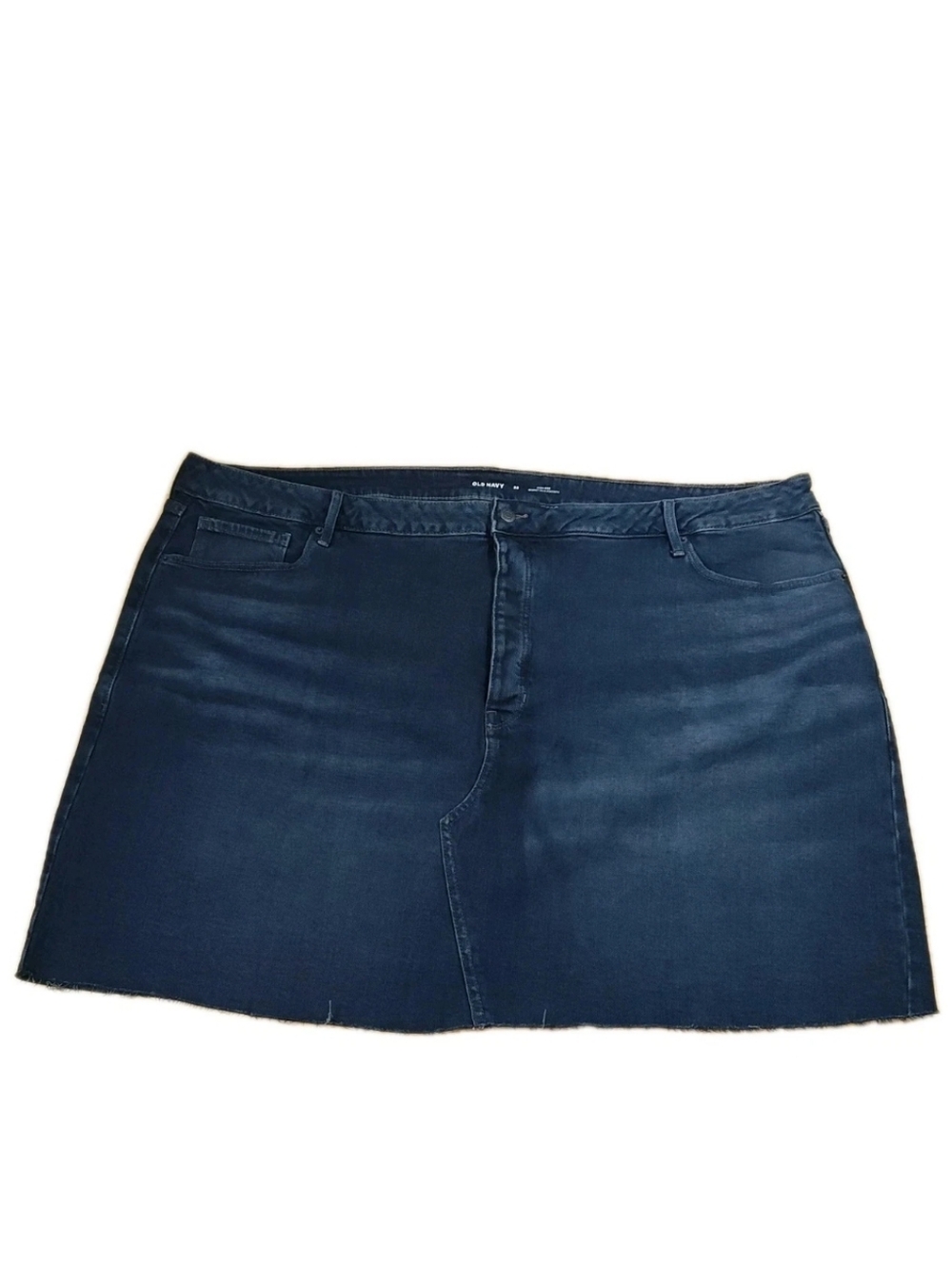 Old Navy Mini Jean Skirt Plus 28W 52/21" Blue Denim High Rise Raw Hem Button Fly
